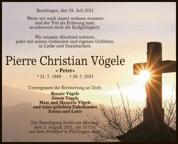 Anzeige von Pierre Christian Vögele von Reutlinger General-Anzeiger