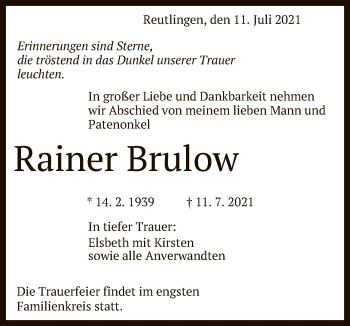 Anzeige von Rainer Brulow von Reutlinger General-Anzeiger