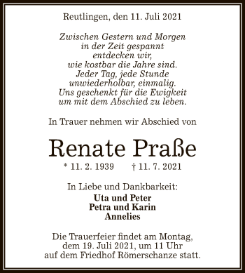 Anzeige von Renate Praße von Reutlinger General-Anzeiger
