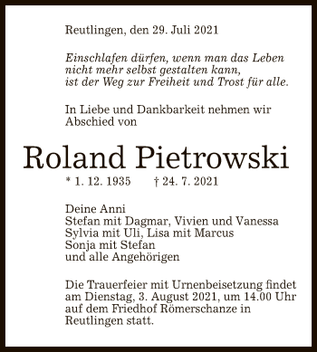 Anzeige von Roland Pietrowski von Reutlinger General-Anzeiger