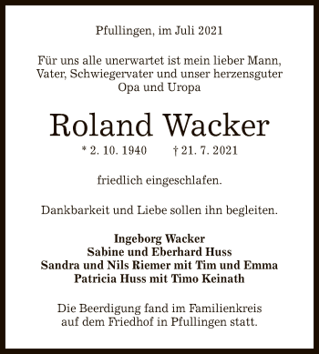 Anzeige von Roland Wacker von Reutlinger General-Anzeiger