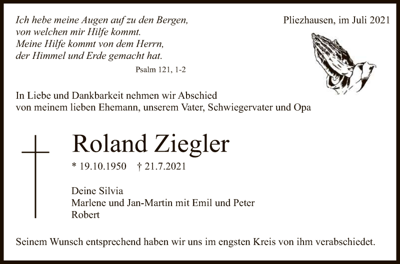  Traueranzeige für Roland Ziegler vom 31.07.2021 aus Reutlinger General-Anzeiger