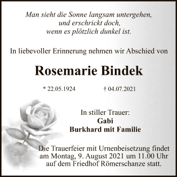 Anzeige von Rosemarie Bindek von Reutlinger General-Anzeiger