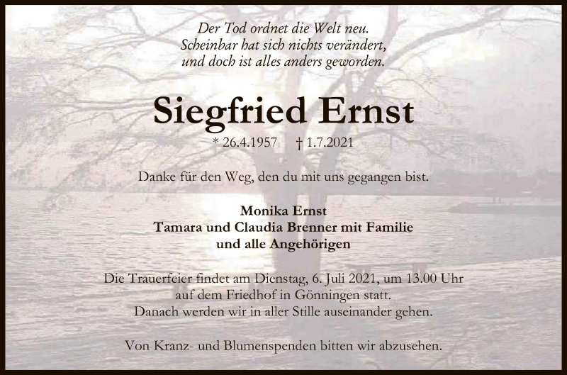  Traueranzeige für Siegfried Ernst vom 03.07.2021 aus Reutlinger General-Anzeiger