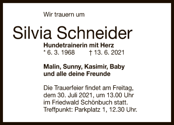 Anzeige von Silvia Schneider von Reutlinger General-Anzeiger