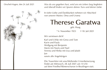 Anzeige von Therese Garatwa von Reutlinger General-Anzeiger