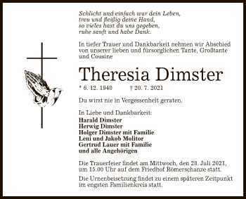 Anzeige von Theresia Dimster von Reutlinger General-Anzeiger