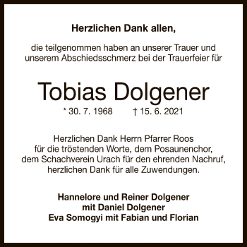 Anzeige von Tobias Dolgener von Reutlinger General-Anzeiger