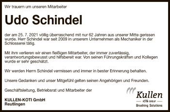 Anzeige von Udo Schindel von Reutlinger General-Anzeiger