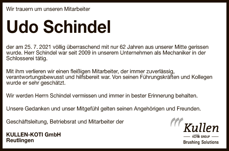  Traueranzeige für Udo Schindel vom 31.07.2021 aus Reutlinger General-Anzeiger
