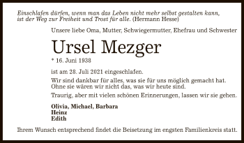 Anzeige von Ursel Mezger von Reutlinger General-Anzeiger