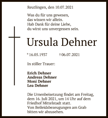 Anzeige von Ursula Dehner von Reutlinger General-Anzeiger