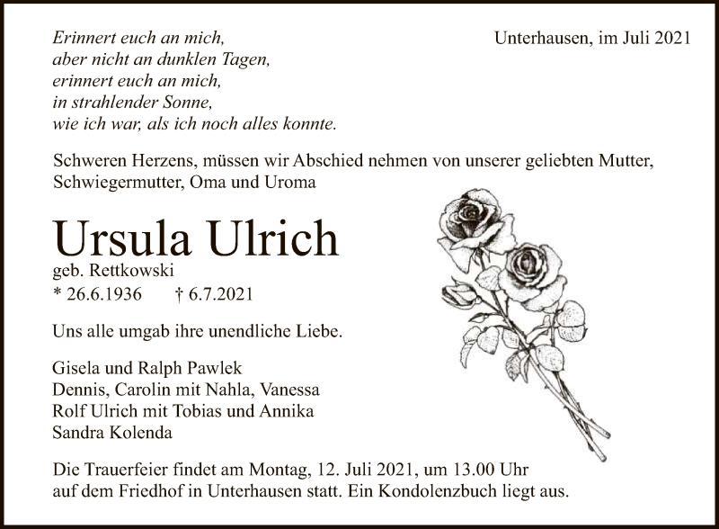  Traueranzeige für Ursula Ulrich vom 09.07.2021 aus Reutlinger General-Anzeiger
