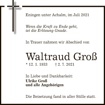 Anzeige von Waltraud Groß von Reutlinger General-Anzeiger