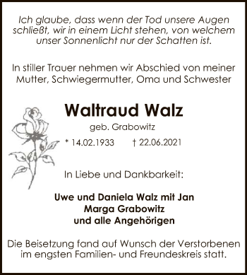 Anzeige von Waltraud Walz von Reutlinger General-Anzeiger