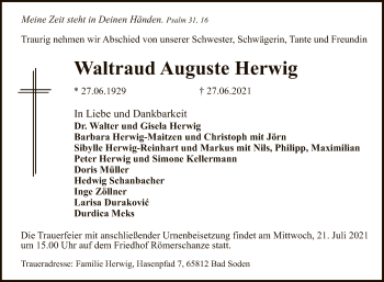 Anzeige von Waltraud Auguste Herwig von Reutlinger General-Anzeiger