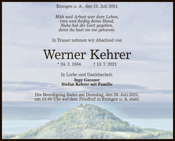 Anzeige von Werner Kehrer von Reutlinger General-Anzeiger