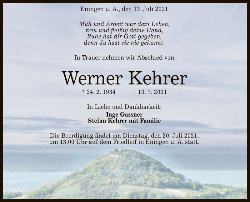  Traueranzeige für Werner Kehrer vom 17.07.2021 aus Reutlinger General-Anzeiger