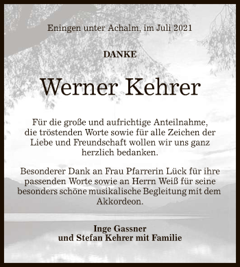 Anzeige von Werner Kehrer von Reutlinger General-Anzeiger
