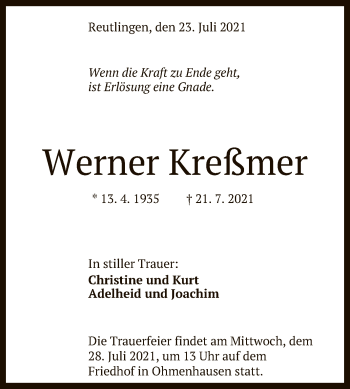Anzeige von Werner Kreßmer von Reutlinger General-Anzeiger