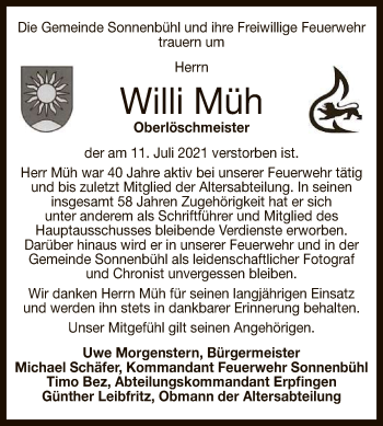 Anzeige von Willi Müh von Reutlinger General-Anzeiger