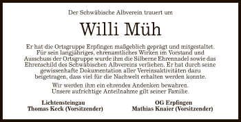 Anzeige von Willi Müh von Reutlinger General-Anzeiger