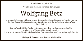 Anzeige von Wolfgang Betz von Reutlinger General-Anzeiger