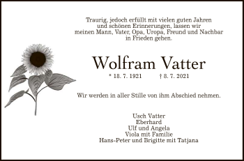 Anzeige von Wolfram Vatter von Reutlinger General-Anzeiger