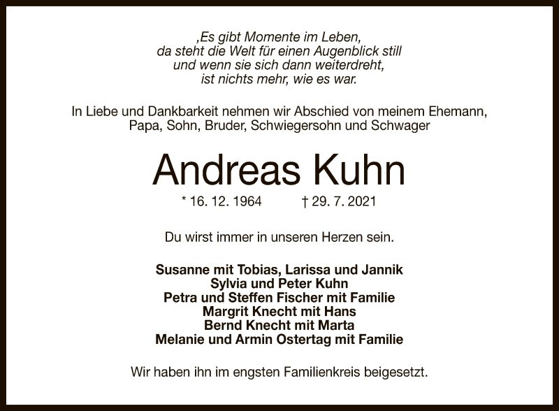  Traueranzeige für Andreas Kuhn vom 21.08.2021 aus Reutlinger General-Anzeiger