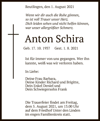 Anzeige von Anton Schira von Reutlinger General-Anzeiger