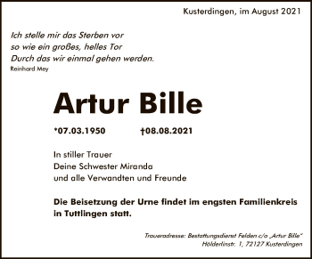 Anzeige von Artur Bille von Reutlinger General-Anzeiger