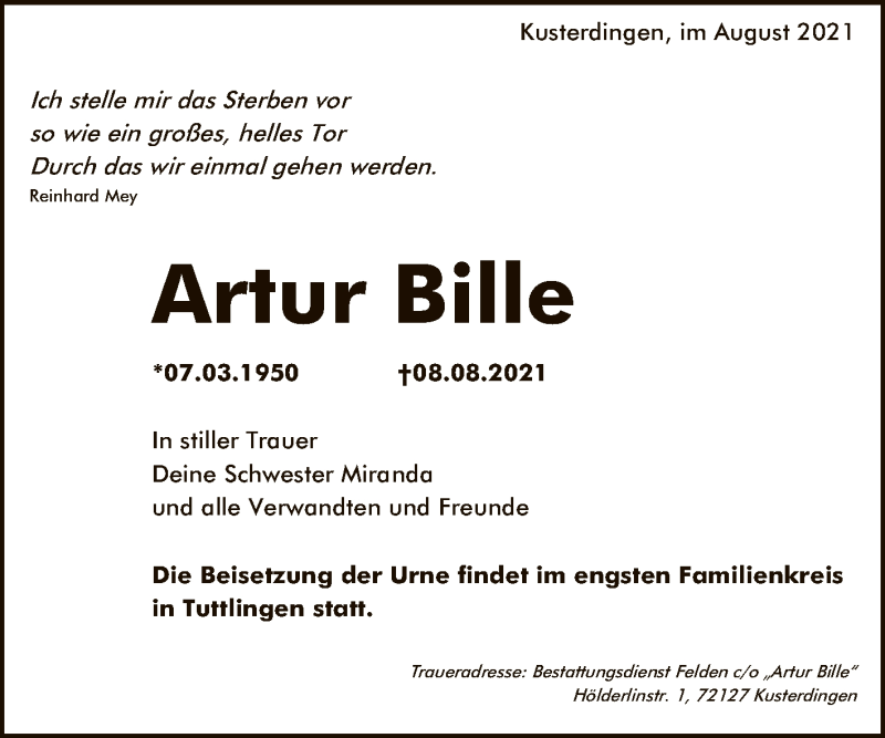  Traueranzeige für Artur Bille vom 21.08.2021 aus Reutlinger General-Anzeiger