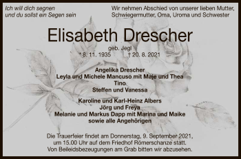 Anzeige von Elisabeth Drescher von Reutlinger General-Anzeiger