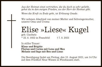Anzeige von Elise Kugel von Reutlinger General-Anzeiger