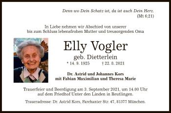 Anzeige von Elly Vogler von Reutlinger General-Anzeiger