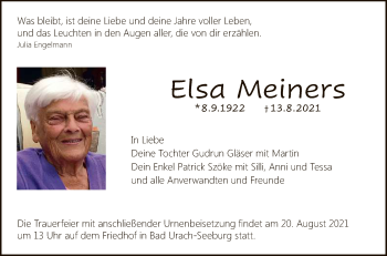 Anzeige von Elsa Meiners von Reutlinger General-Anzeiger