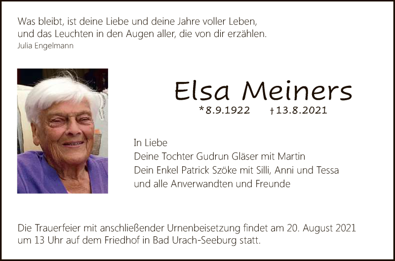  Traueranzeige für Elsa Meiners vom 18.08.2021 aus Reutlinger General-Anzeiger