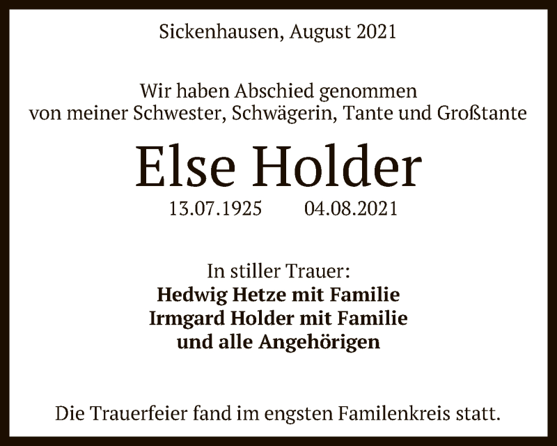  Traueranzeige für Else Holder vom 21.08.2021 aus Reutlinger General-Anzeiger