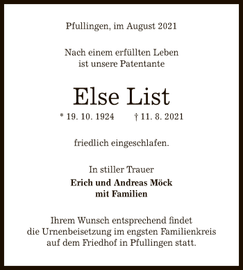 Anzeige von Else List von Reutlinger General-Anzeiger