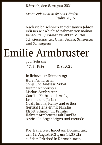 Anzeige von Emilie Armbruster von Reutlinger General-Anzeiger