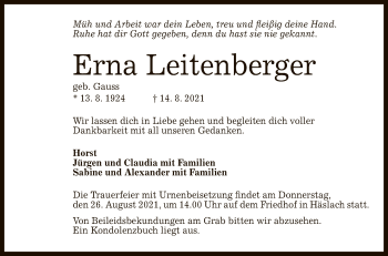 Anzeige von Erna Leitenberger von Reutlinger General-Anzeiger