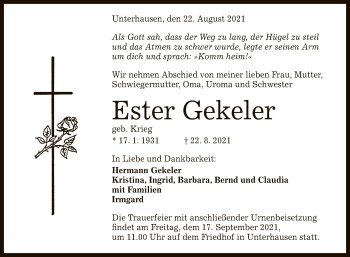Anzeige von Ester Gekeler von Reutlinger General-Anzeiger