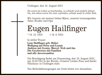 Anzeige von Eugen Hailfinger von Reutlinger General-Anzeiger