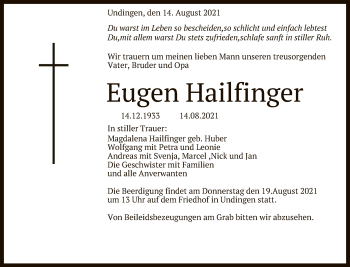 Anzeige von Eugen Hailfinger von Reutlinger General-Anzeiger