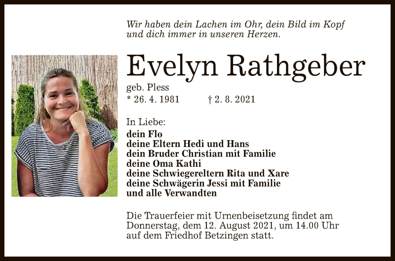  Traueranzeige für Evelyn Rathgeber vom 10.08.2021 aus Reutlinger General-Anzeiger