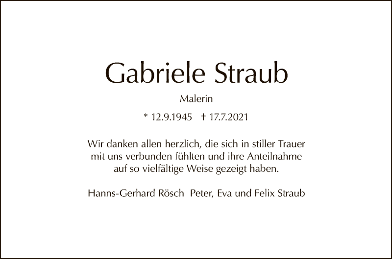  Traueranzeige für Gabriele Straub vom 07.08.2021 aus Reutlinger General-Anzeiger