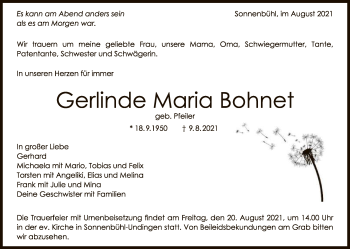 Anzeige von Gerlinde Maria Bohnet von Reutlinger General-Anzeiger