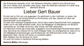 Anzeige von Gert Bauer von Reutlinger General-Anzeiger