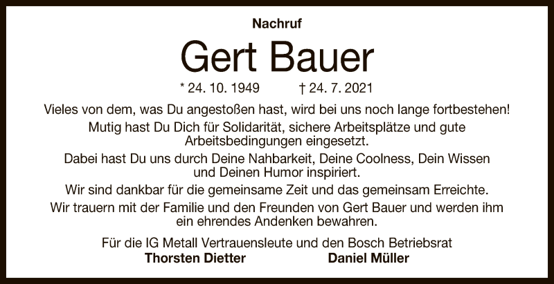  Traueranzeige für Gert Bauer vom 04.08.2021 aus Reutlinger General-Anzeiger
