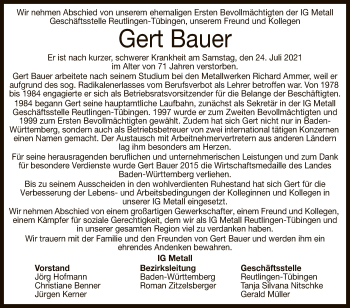 Anzeige von Gert Bauer von Reutlinger General-Anzeiger